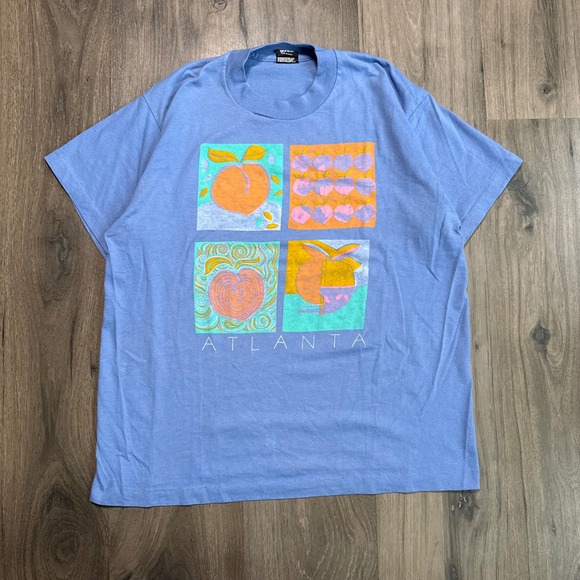 90s Vintage Georgia Peach Fruit Pop Culture Atlanta Tee Made in the USA - Mens L - Picture 1 of 9